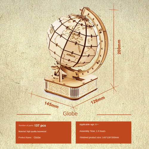 3D Wooden Globe Puzzle — Mechanical Model Kit